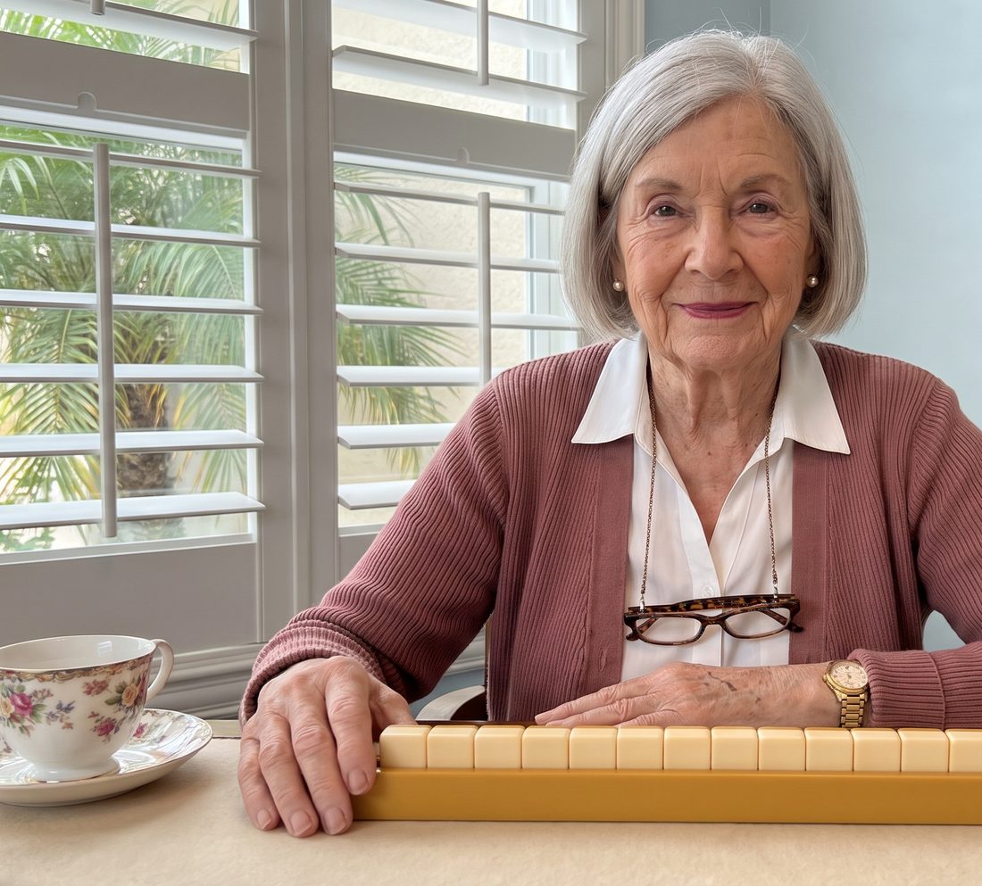 Rhoda at her card table with her rack of tiles and a cup of tea